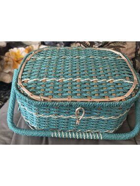 Vintage DRITZ Sewing Basket Wicker Woven Japan Mid Century Turquoise Blue Sturdy